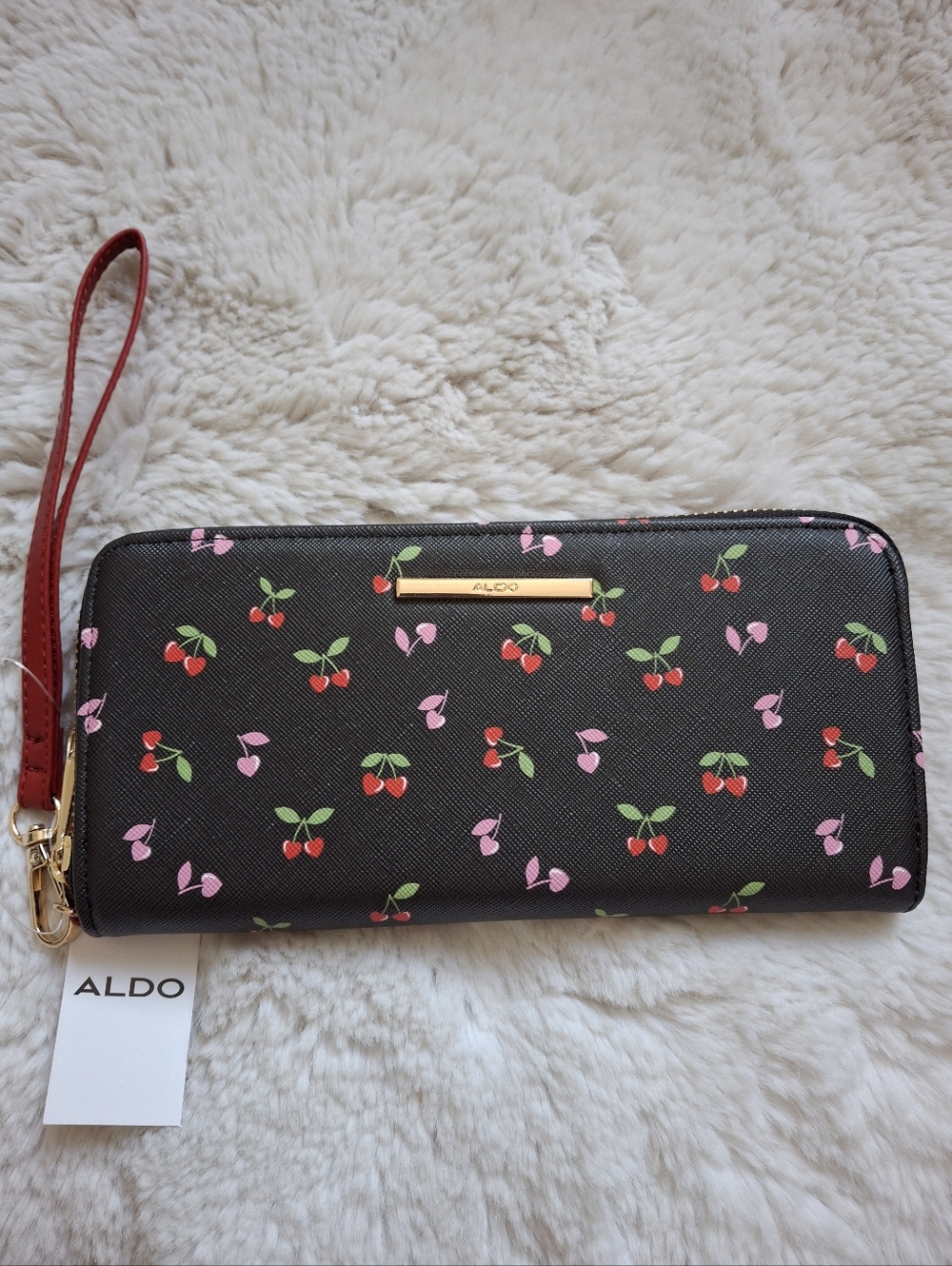 Aldo Black Wristlet Wallet with Red & Pink Cherry Print NWT